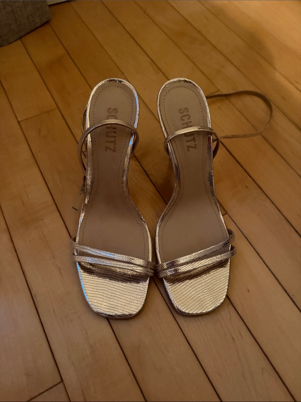 SCHUTZ Metallic Gold Strappy Sandals with Ankle Tie - Picture 1 of 4